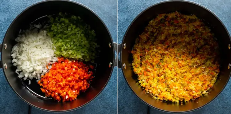 Saute olive oil, celery, red bell pepper, and chopped onions on medium heat. 