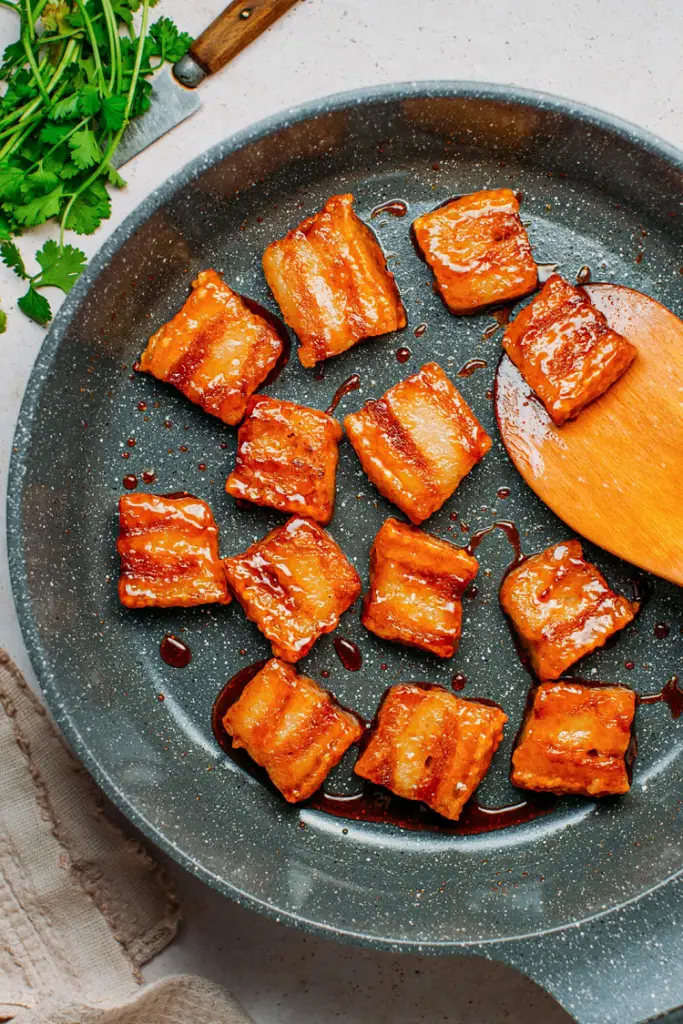 Vegan Pork Belly in a pan